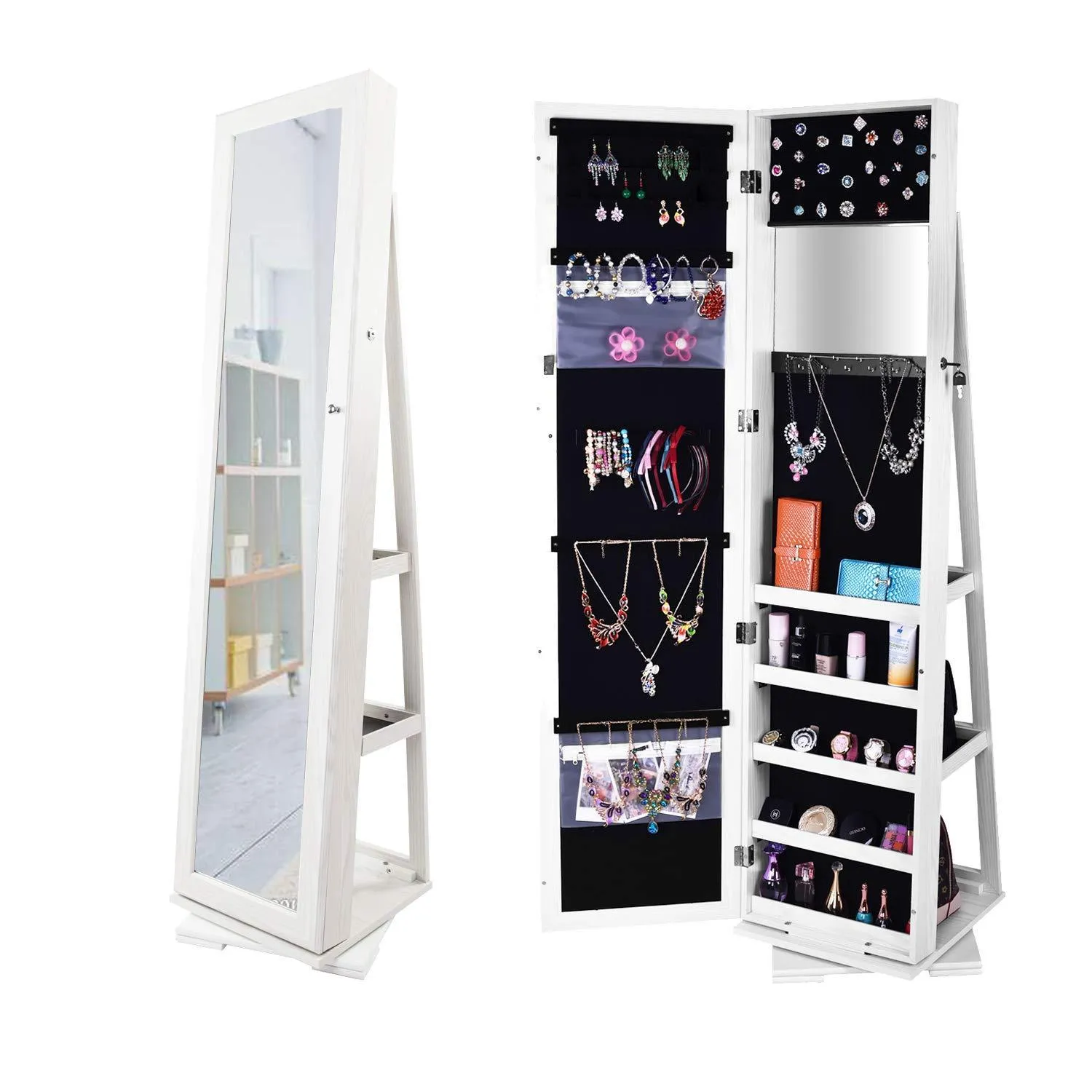 Bonnlo Cheval Jewelry Armoire 360 Degree Rotary Swivel Mirrored Cabinet,w/ 63" H Full Length Mirror Lockable Decorate Closet Makeup Organizer,Floor Bedroom Solid Freestanding,New Year Gift