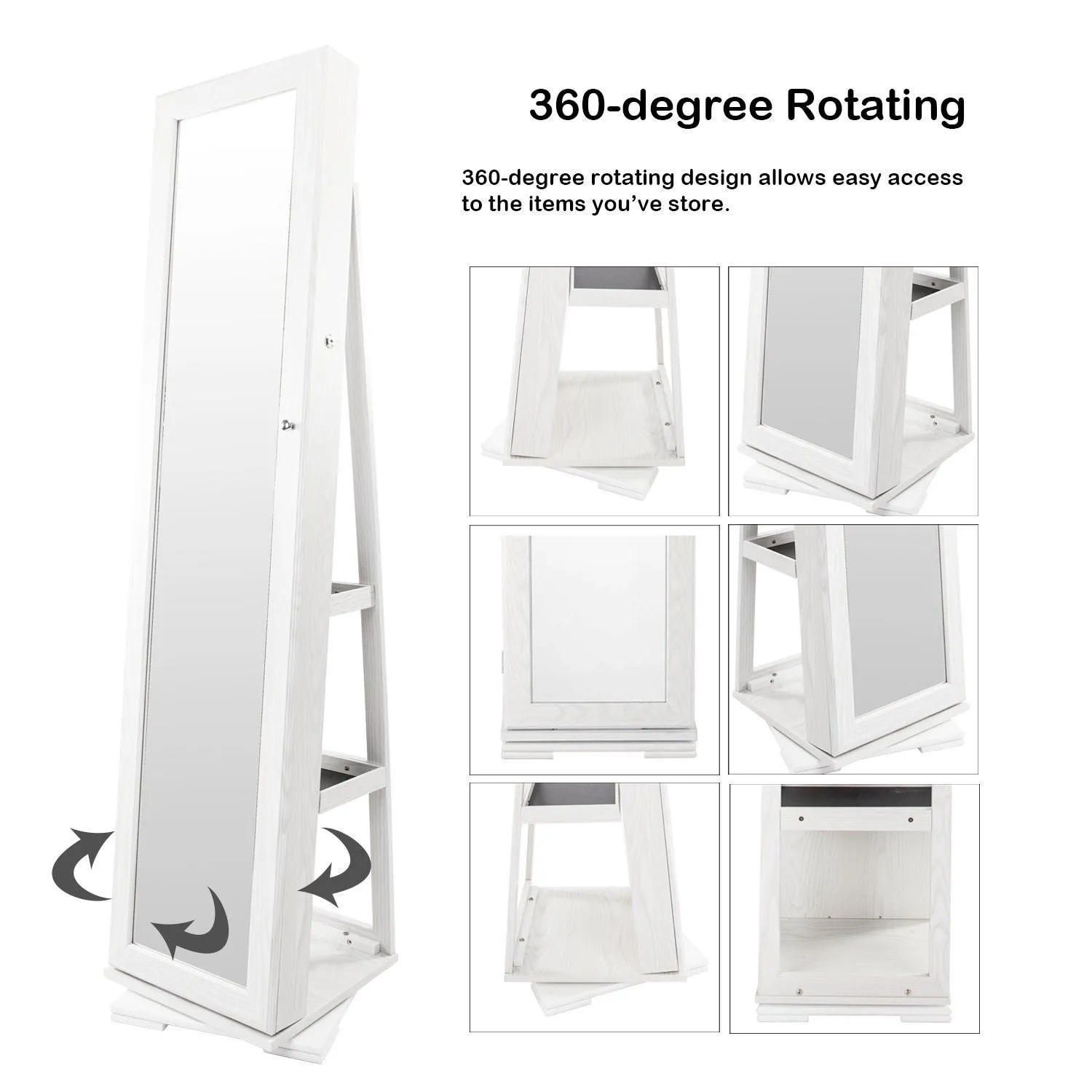 Bonnlo Cheval Jewelry Armoire 360 Degree Rotary Swivel Mirrored Cabinet,w/ 63" H Full Length Mirror Lockable Decorate Closet Makeup Organizer,Floor Bedroom Solid Freestanding,New Year Gift