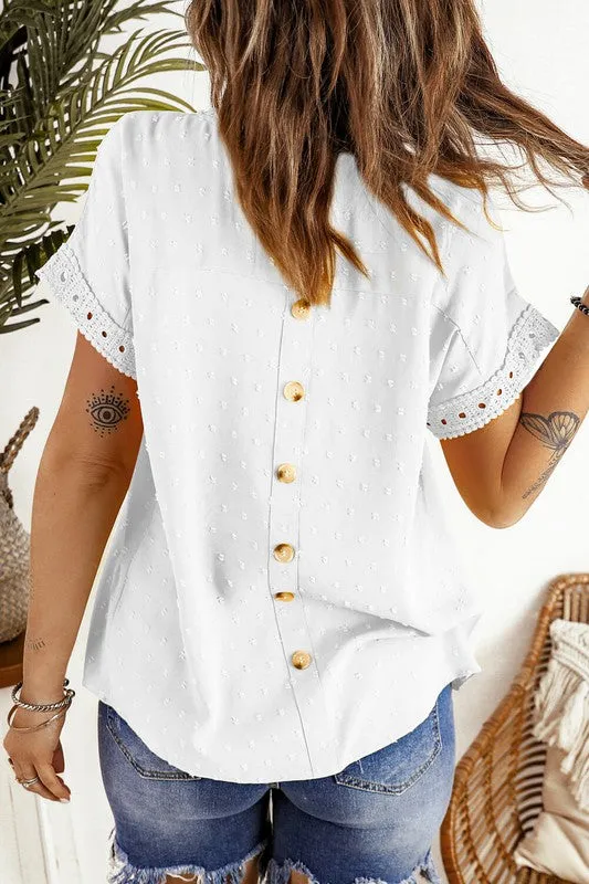 Celia Swiss Dot Top with Crochet Lace Details in White