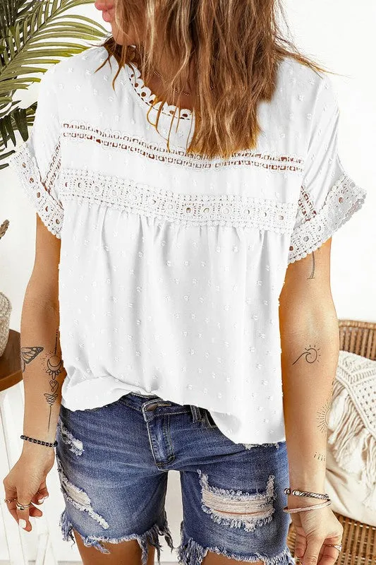 Celia Swiss Dot Top with Crochet Lace Details in White