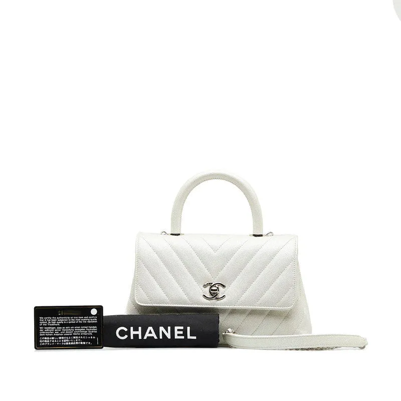 Chanel Chevron V tick Coco Handle Handbag Shoulder Bag 2WAY White Caviar S  CHANEL
