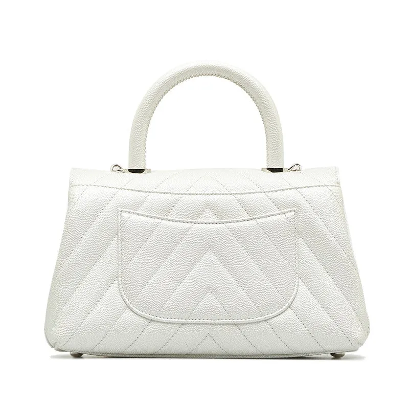 Chanel Chevron V tick Coco Handle Handbag Shoulder Bag 2WAY White Caviar S  CHANEL