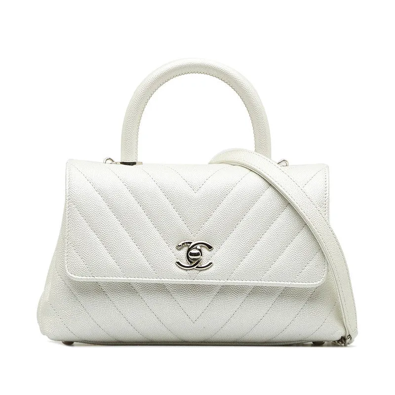 Chanel Chevron V tick Coco Handle Handbag Shoulder Bag 2WAY White Caviar S  CHANEL