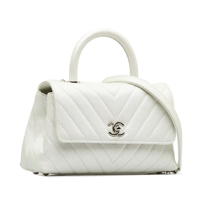 Chanel Chevron V tick Coco Handle Handbag Shoulder Bag 2WAY White Caviar S  CHANEL