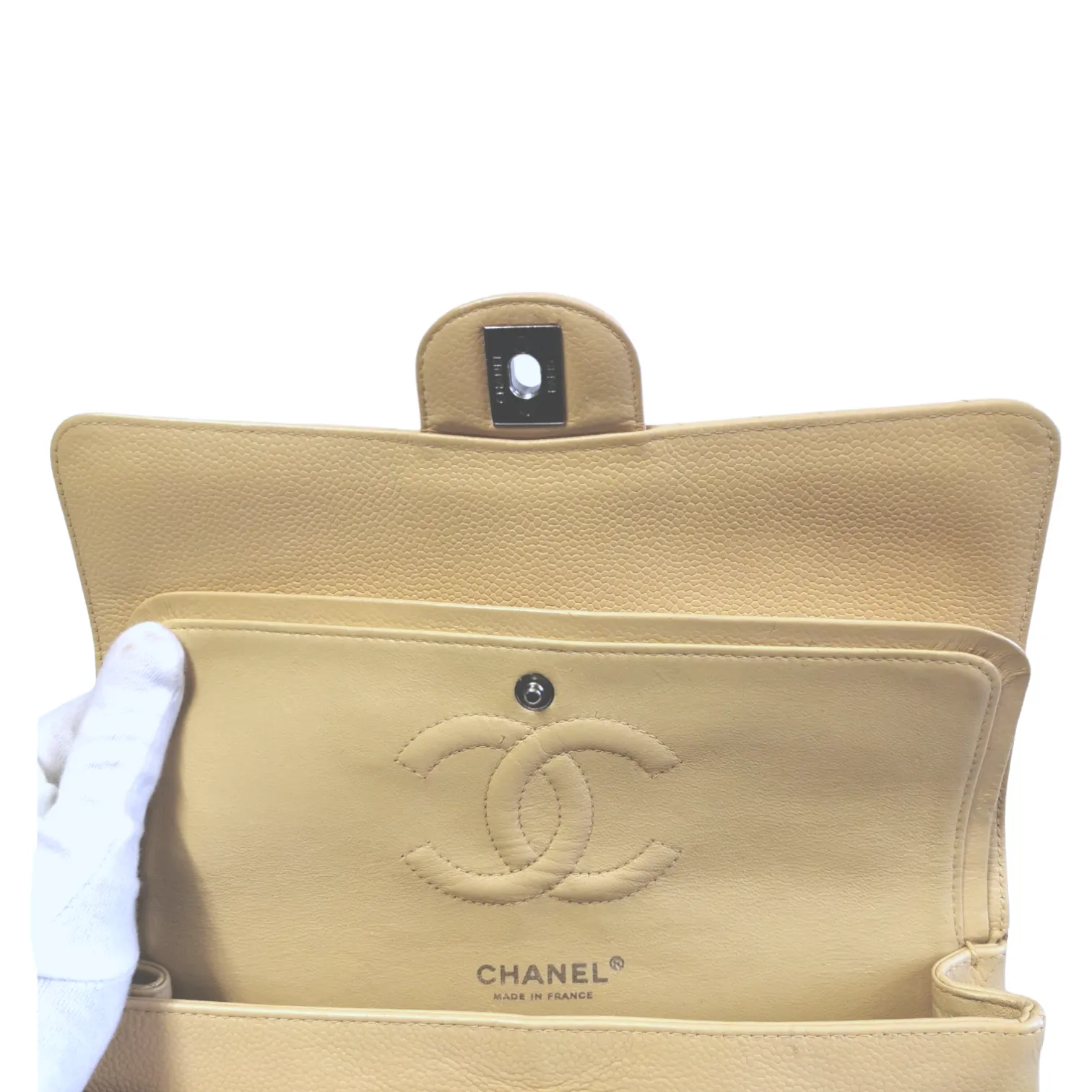 Chanel Classic Double Flap Medium Beige Caviar Silver