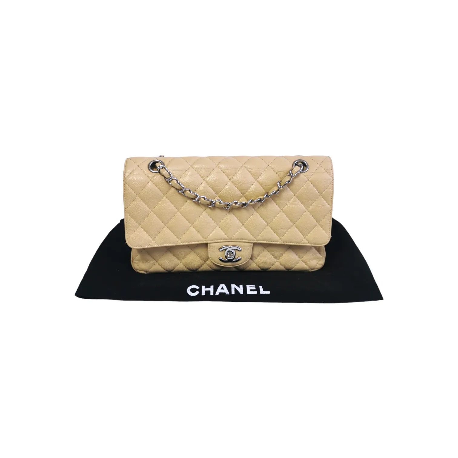 Chanel Classic Double Flap Medium Beige Caviar Silver