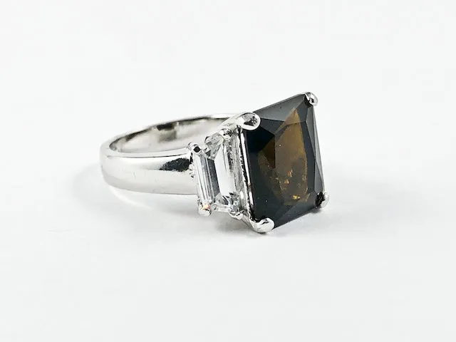 Classic Trillion Style Design Brown Center Square CZ Silver Ring