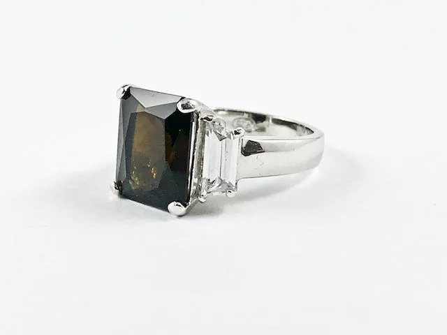 Classic Trillion Style Design Brown Center Square CZ Silver Ring