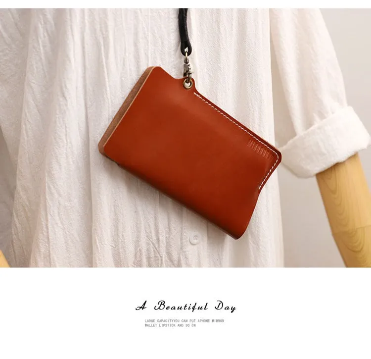 Cute Brown LEATHER Phone Case WOMEN Phone BAG with Neck Strap Slim Phone Shoulder Purse FOR WOMEN
