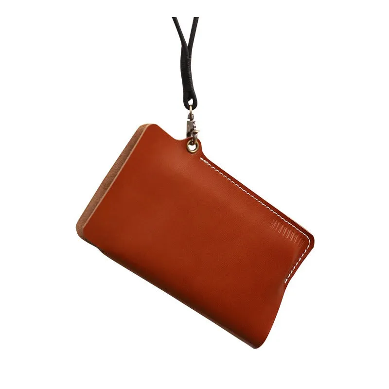 Cute Brown LEATHER Phone Case WOMEN Phone BAG with Neck Strap Slim Phone Shoulder Purse FOR WOMEN