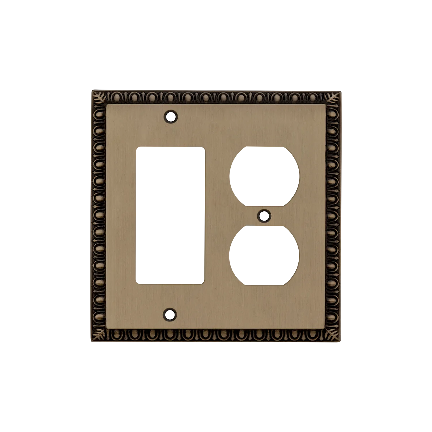 Egg & Dart Switch Plate with Rocker and Outlet in Antique Brass