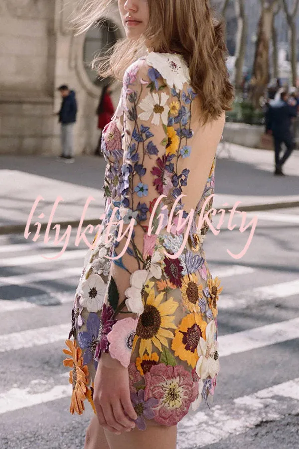 Elegantly Enchanted Floral Applique Backless Long Sleeve Mini Dress
