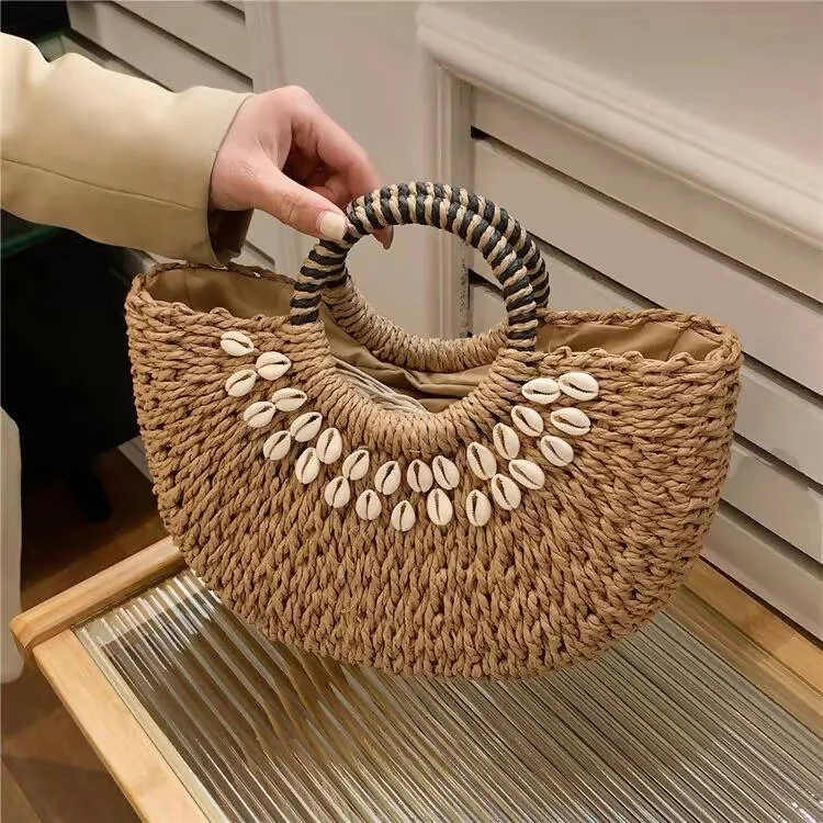 Handheld Straw Tote Handbag with Shell Decoration #4