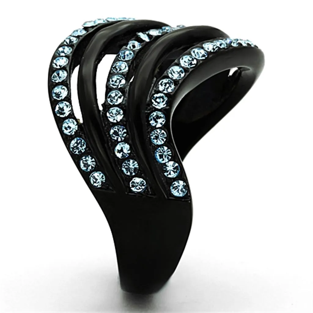 IP Black(Ion Plating) Stainless Steel Ring with Top Grade Crystal in Sea Blue for Women Style TK1297