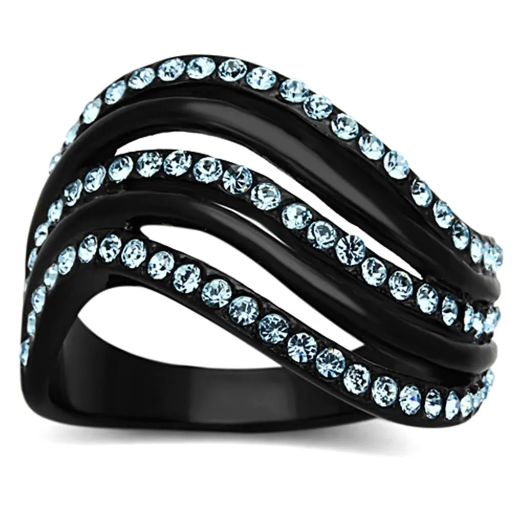 IP Black(Ion Plating) Stainless Steel Ring with Top Grade Crystal in Sea Blue for Women Style TK1297