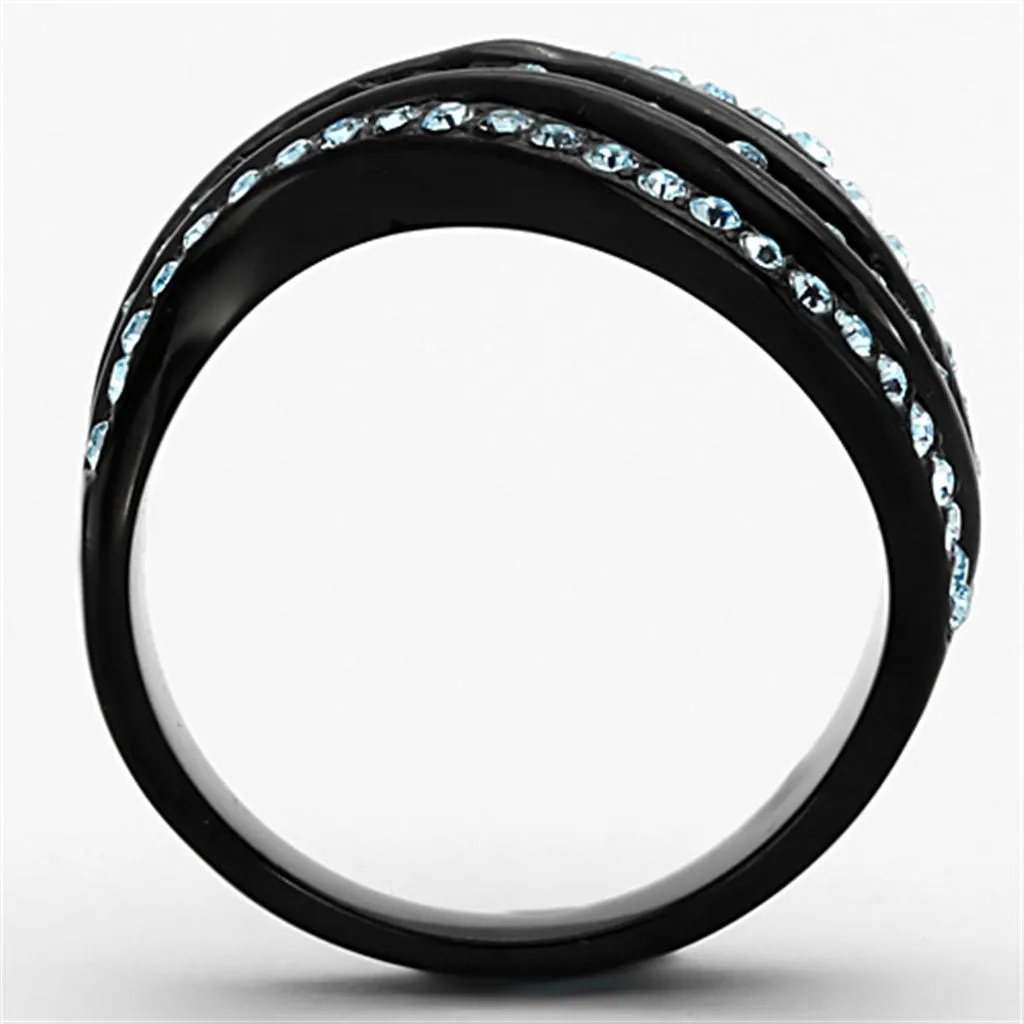 IP Black(Ion Plating) Stainless Steel Ring with Top Grade Crystal in Sea Blue for Women Style TK1297
