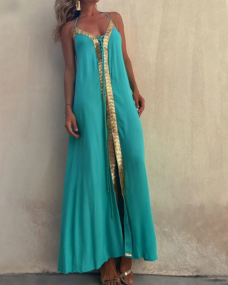 Lace Halter Neck Casual Resort Swing Dress