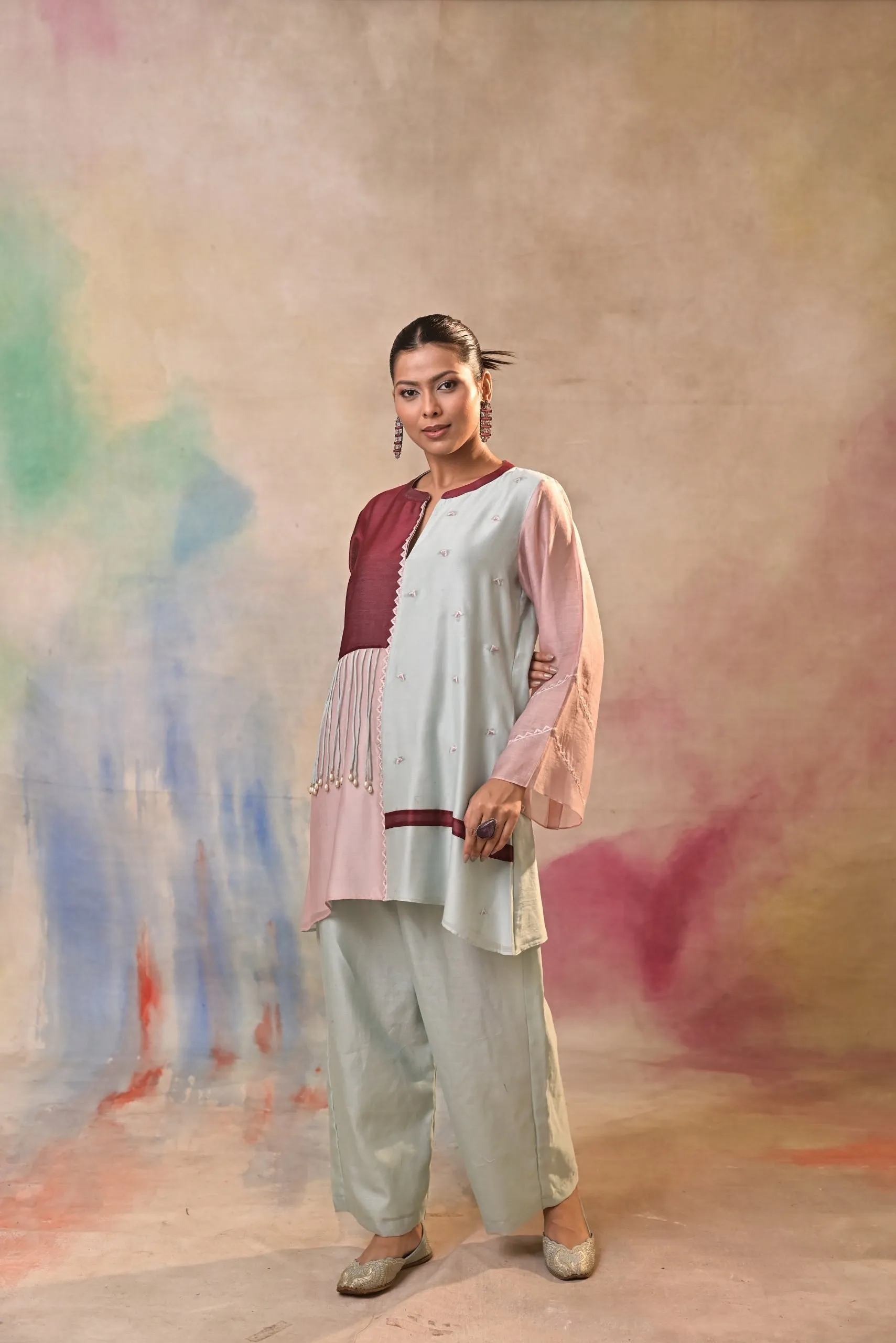 Multicolor Asymmetric Embroidered Cord Set