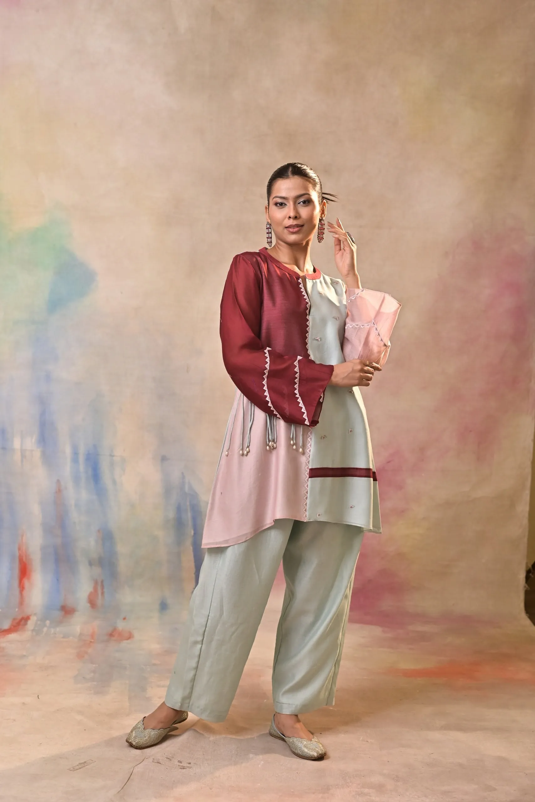 Multicolor Asymmetric Embroidered Cord Set