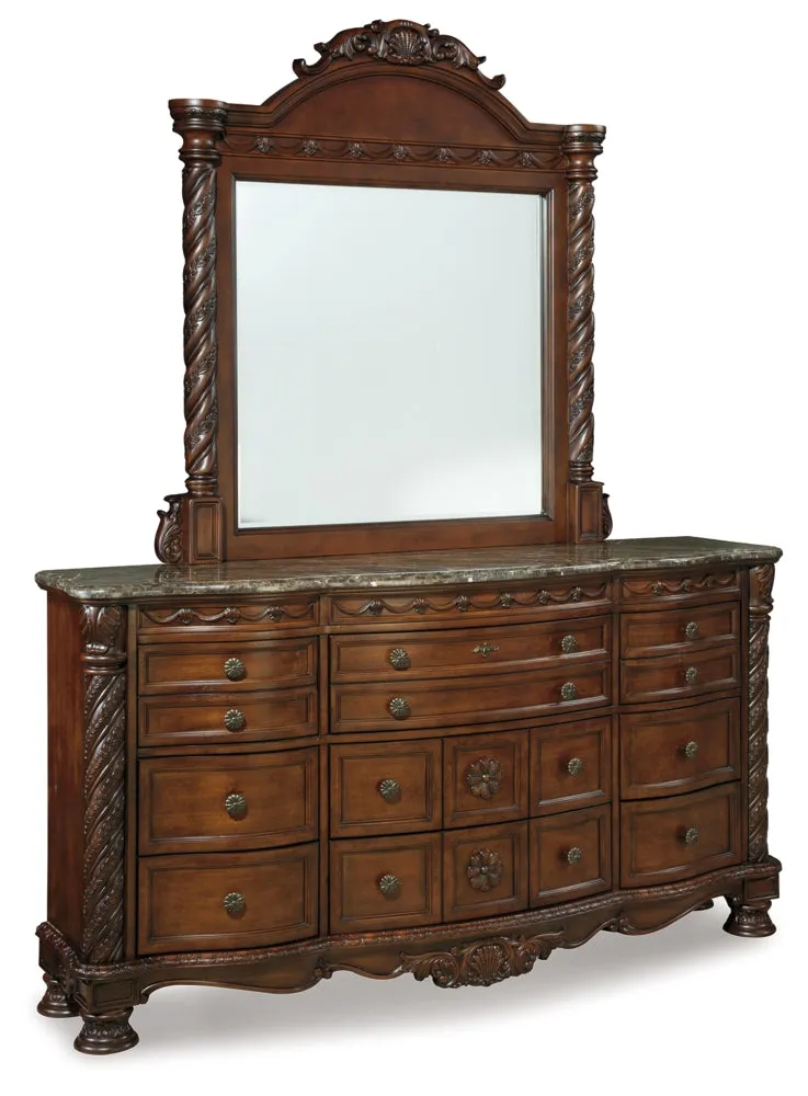 North Shore King Panel Bed with Mirrored Dresser, Chest and Nightstand