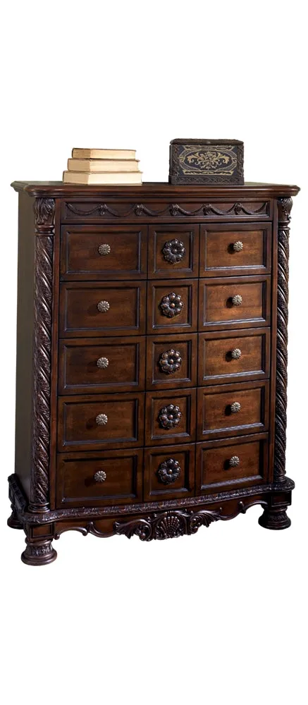 North Shore King Panel Bed with Mirrored Dresser, Chest and Nightstand