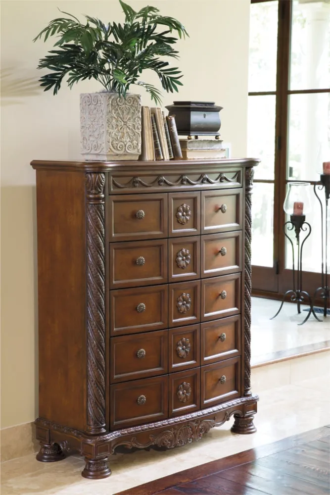 North Shore King Panel Bed with Mirrored Dresser, Chest and Nightstand