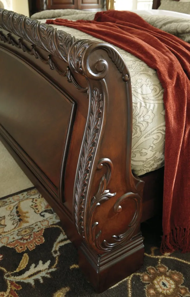 North Shore King Sleigh Bed with Mirrored Dresser and 2 Nightstands
