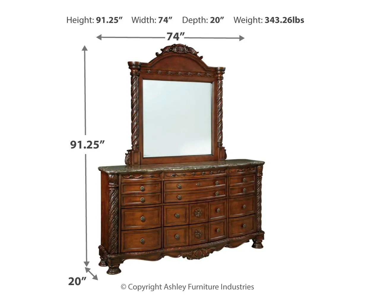 North Shore King Sleigh Bed with Mirrored Dresser and 2 Nightstands