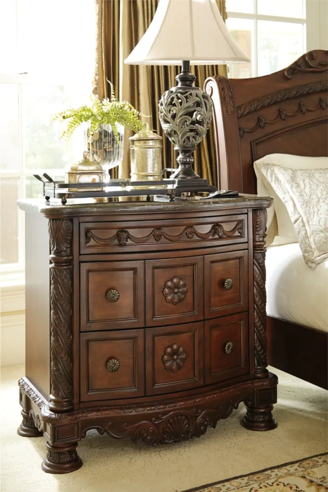 North Shore King Sleigh Bed with Mirrored Dresser and 2 Nightstands