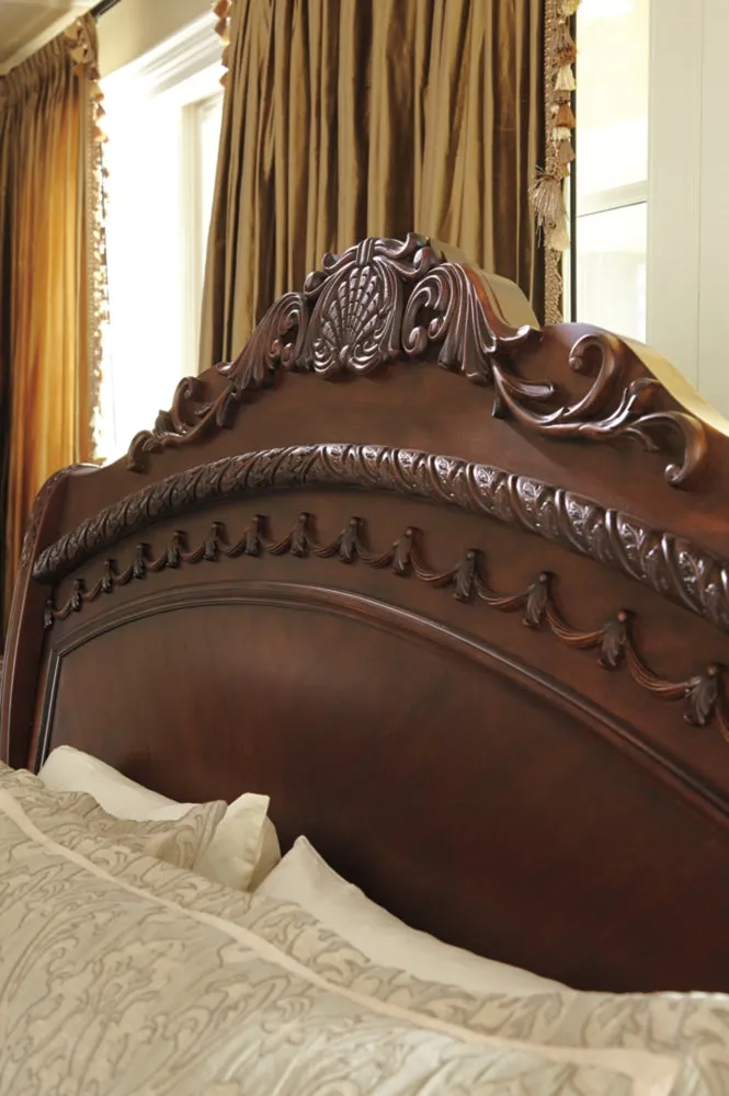 North Shore King Sleigh Bed with Mirrored Dresser and 2 Nightstands