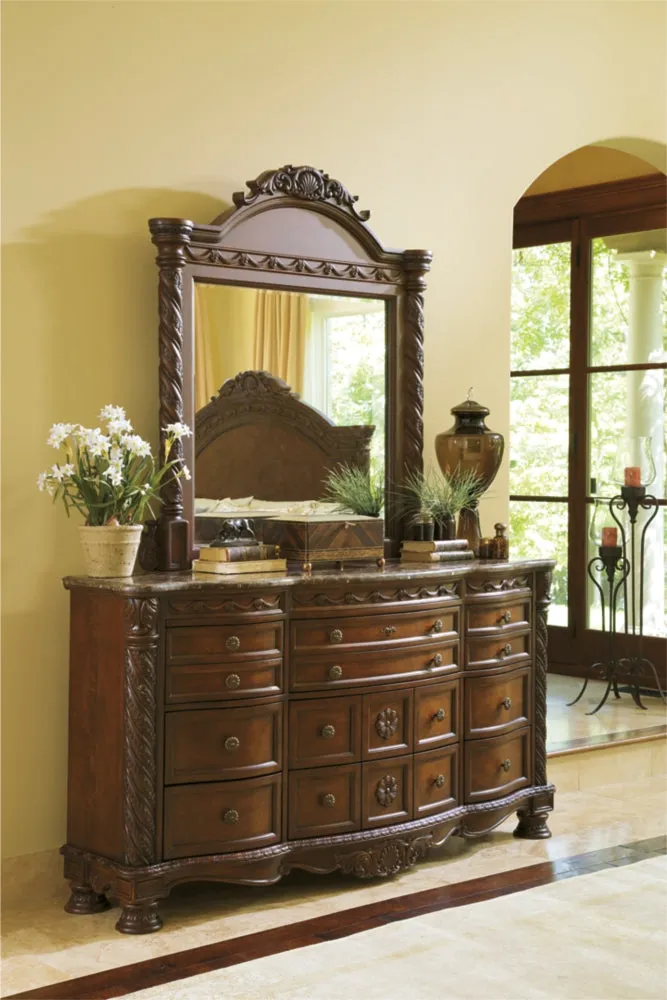 North Shore Queen Sleigh Bed with Mirrored Dresser, Chest and Nightstand