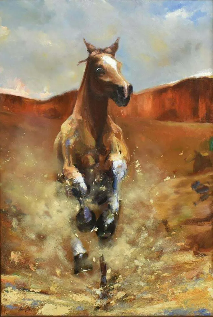 Oil on Canvas, Horse, Marcus Hodge (B.1966) "Running Horse", 51" X 35", Handsome