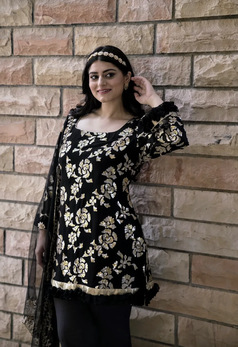 Saisha Black and Gold Large Floral Sequins Co-Ord Suit Set