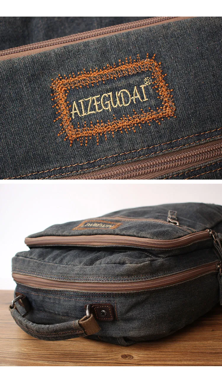 Vintage Denim Blue Mens Backpack Bag School Backpack Blue Denim Laptop Backpack For Men
