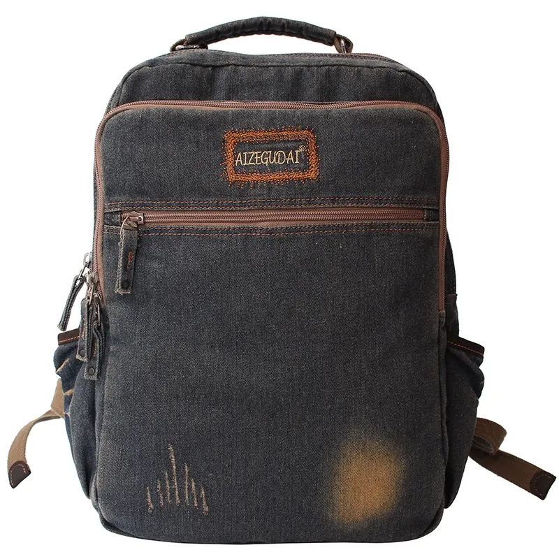 Vintage Denim Blue Mens Backpack Bag School Backpack Blue Denim Laptop Backpack For Men