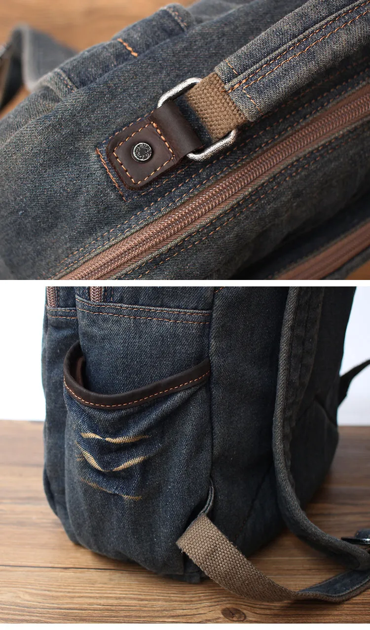 Vintage Denim Blue Mens Backpack Bag School Backpack Blue Denim Laptop Backpack For Men