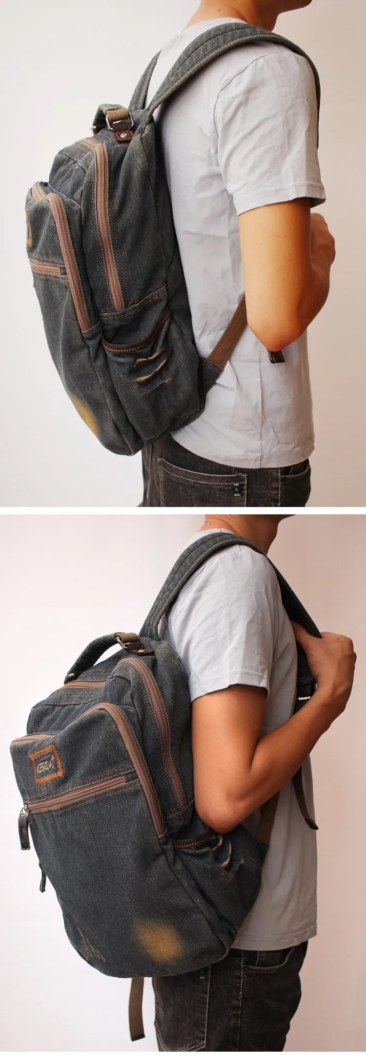 Vintage Denim Blue Mens Backpack Bag School Backpack Blue Denim Laptop Backpack For Men