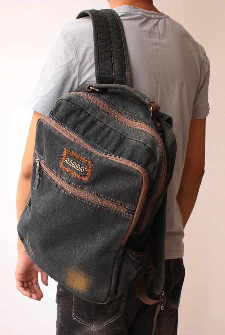 Vintage Denim Blue Mens Backpack Bag School Backpack Blue Denim Laptop Backpack For Men