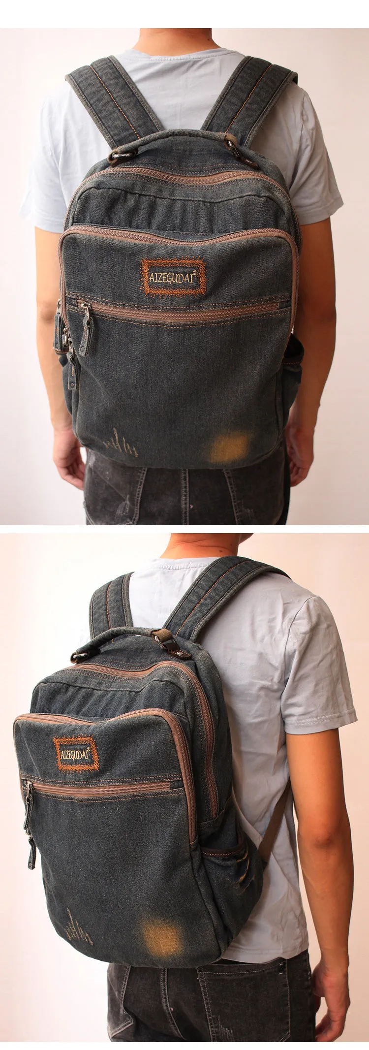 Vintage Denim Blue Mens Backpack Bag School Backpack Blue Denim Laptop Backpack For Men