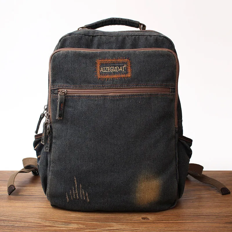 Vintage Denim Blue Mens Backpack Bag School Backpack Blue Denim Laptop Backpack For Men