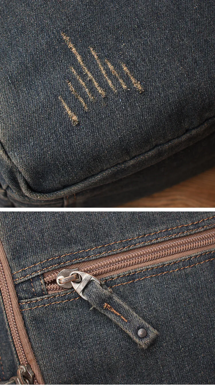 Vintage Denim Blue Mens Backpack Bag School Backpack Blue Denim Laptop Backpack For Men