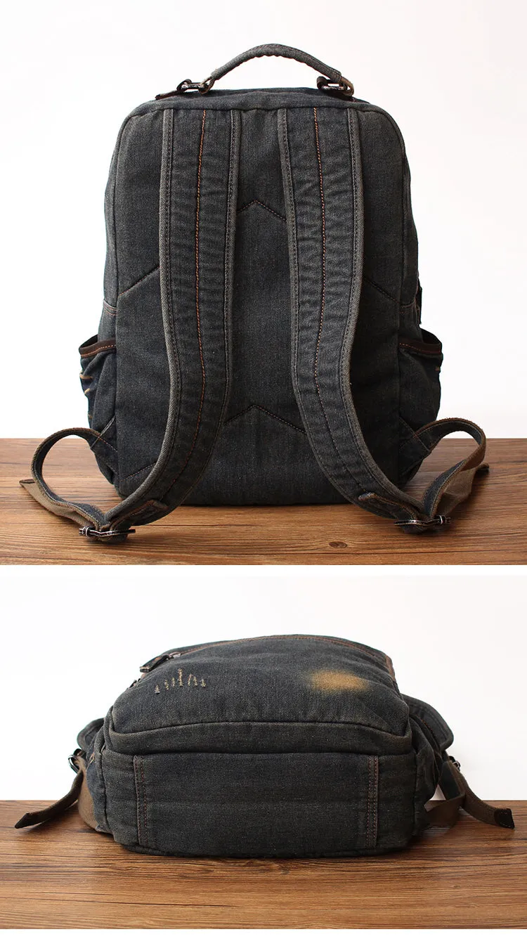 Vintage Denim Blue Mens Backpack Bag School Backpack Blue Denim Laptop Backpack For Men