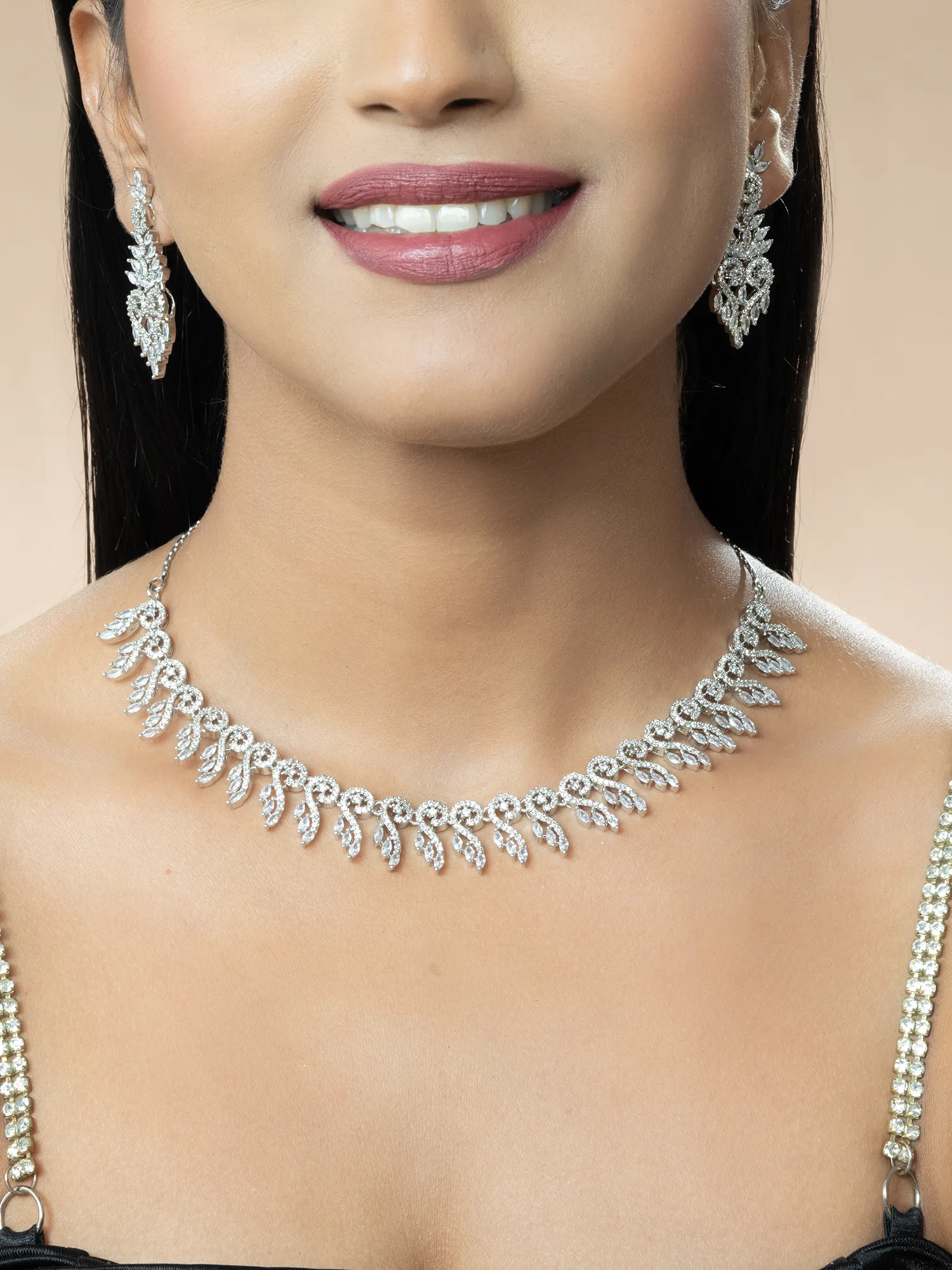 White American Diamond Necklace Set with Mangtika and Earrings