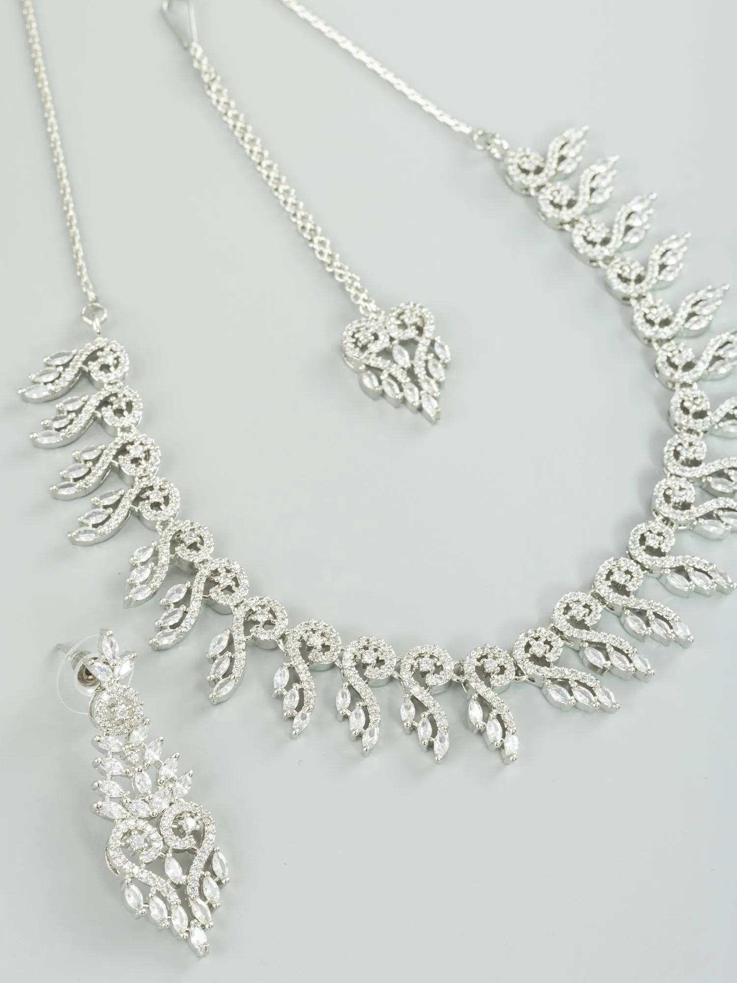 White American Diamond Necklace Set with Mangtika and Earrings
