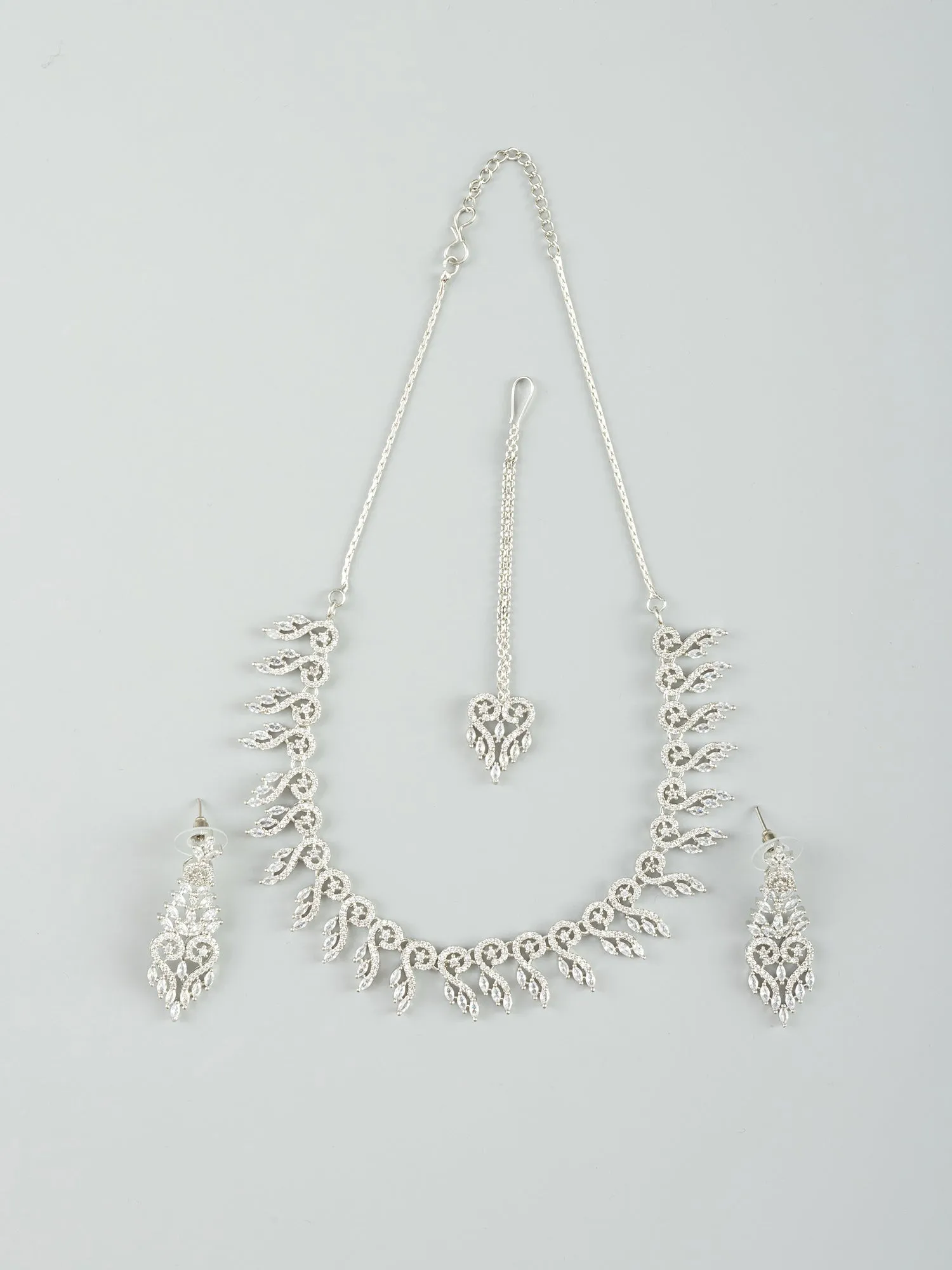 White American Diamond Necklace Set with Mangtika and Earrings