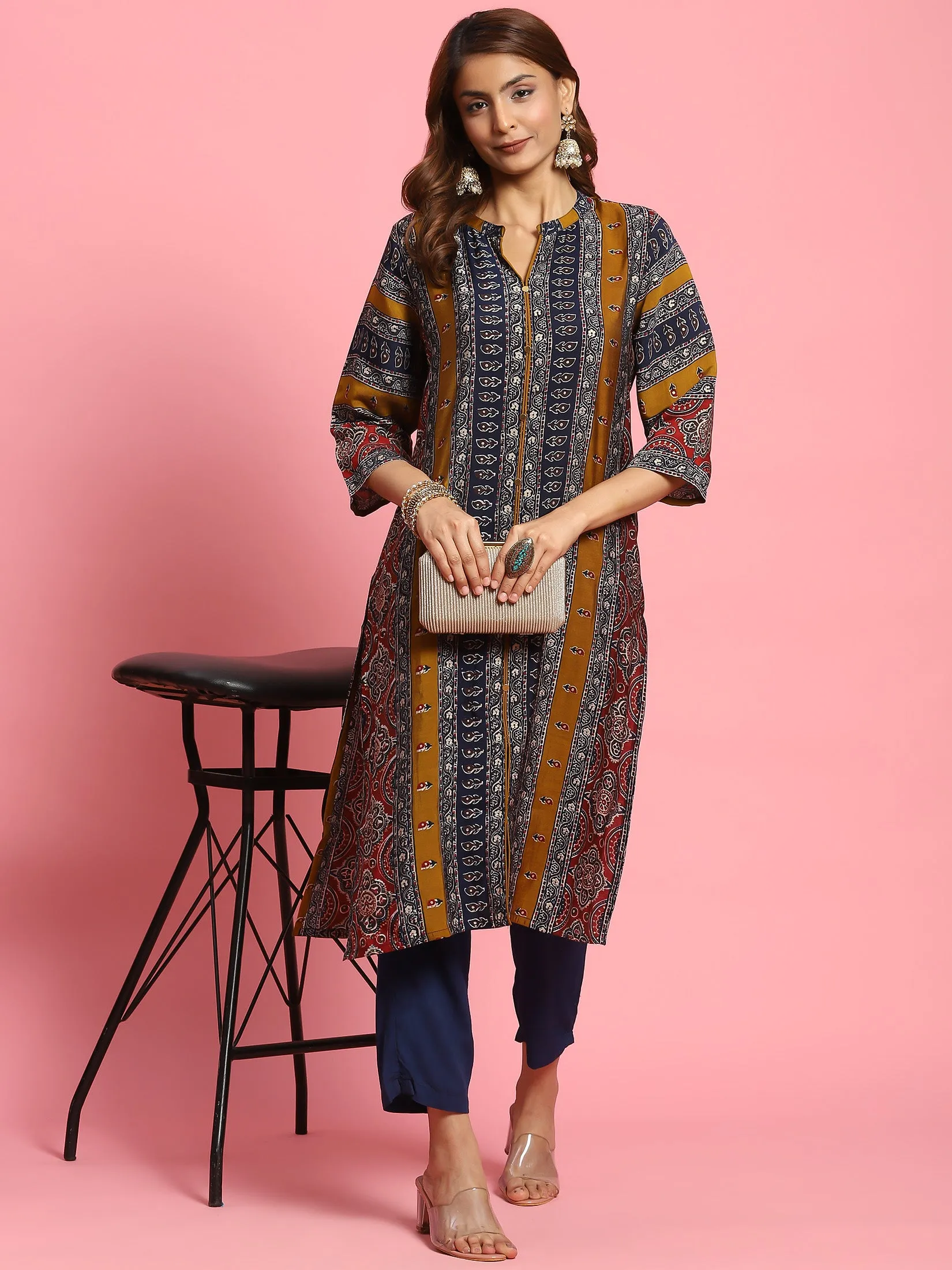 Women Olive Ornamental Printed Kurta